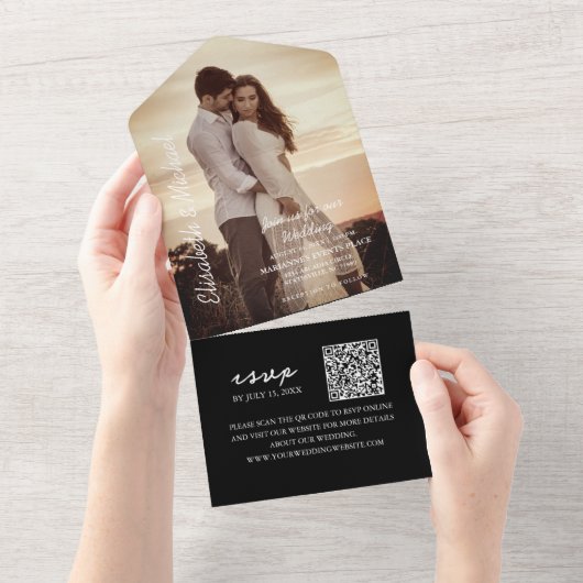 Modernes Foto QR Code Black Wedding All In One Einladung (Abreißen)