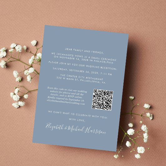 Modernes Foto QR Code Dusty Blue Wedding Reception Ankündigung