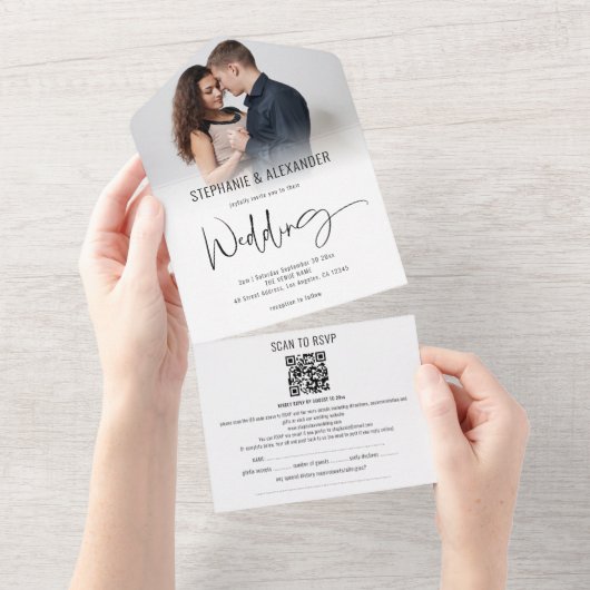 Modernes Foto QR Code Gastname Adressen Hochzeiten All In One Einladung (Abreißen)