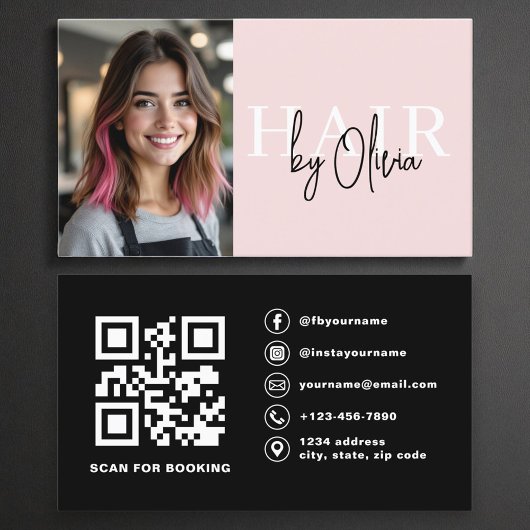 Modernes Foto QR Code Haarstollen Rosa Visitenkarte