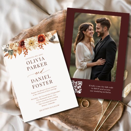 Modernes Foto QR Code Hochzeit im Herbst Einladung