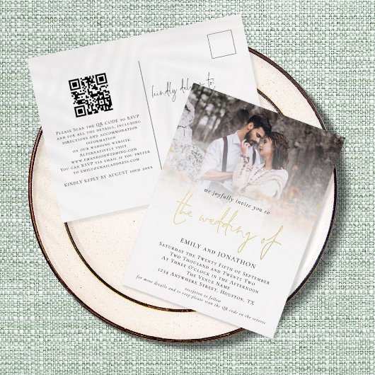 Modernes Foto QR Code Skript Hochzeit Real Folie Einladungspostkarte