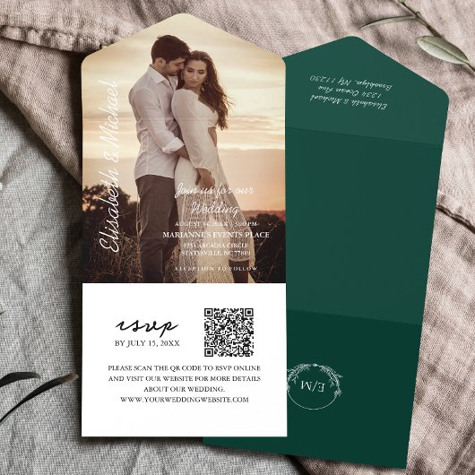 Modernes Foto QR Code Smaragdgrüne Hochzeit All In One Einladung