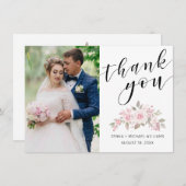 Modernes Foto Rosa-Rose-Schwarz-Script Hochzeit Dankeskarte (Vorne/Hinten)