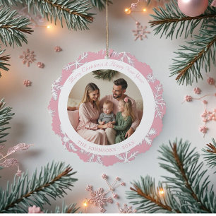 Modernes Foto Rosa Schneeflocken Ornament Karte