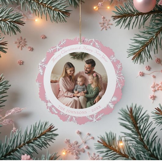 Modernes Foto Rosa Schneeflocken Ornament Karte