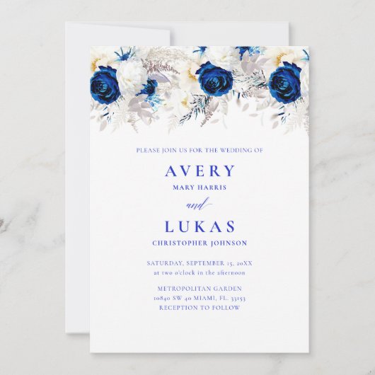 Modernes Foto Royal Blue & White Floral Wedding Einladung (Vorderseite)