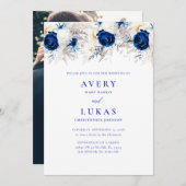 Modernes Foto Royal Blue & White Floral Wedding Einladung (Vorne/Hinten)