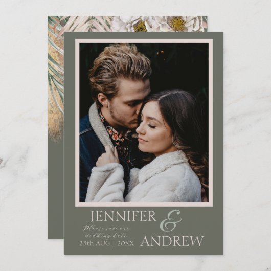 Modernes Foto Sage Green Tropical Save the Date (Vorne/Hinten)