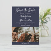 Modernes Foto Save the Date | Marineblau (Stehend Vorderseite)