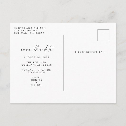 Modernes Foto Save the Date PostCard Ankündigungspostkarte (Rückseite)