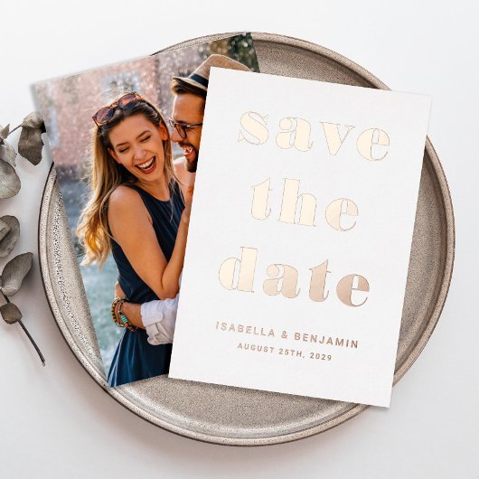Modernes Foto Save the Date Rose Gold Folieneinladung