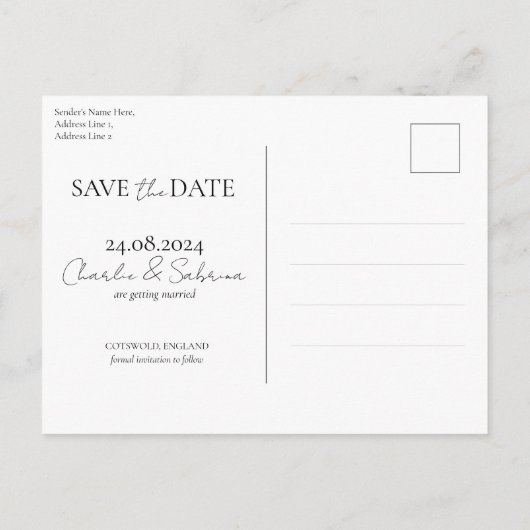 Modernes Foto Save the Date Script Wedding Postcar Ankündigungspostkarte (Rückseite)