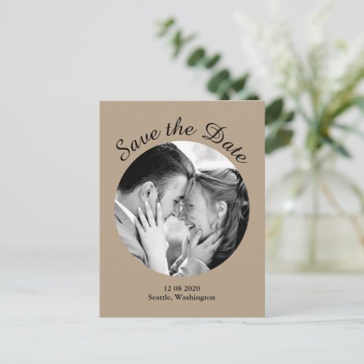 Modernes Foto Save the Date - taupe Ankündigungspostkarte (Stehend Vorderseite)