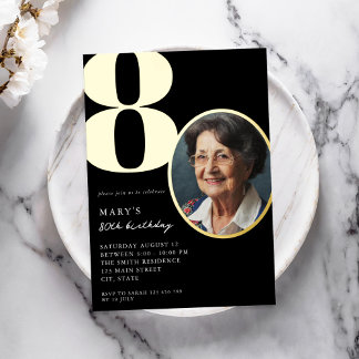 Modernes Foto Schwarz und Gold Elegant 80. Geburts Folieneinladung