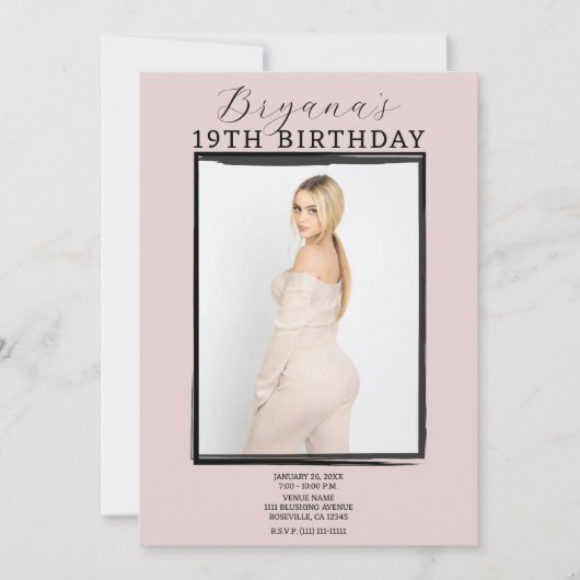 Modernes Foto Schwarzer Rahmen Trendrosa Geburtsta Einladung (Vorderseite)