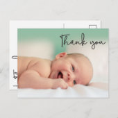 Modernes Foto Script Baby Vielen Dank Ankündigungspostkarte (Vorne/Hinten)