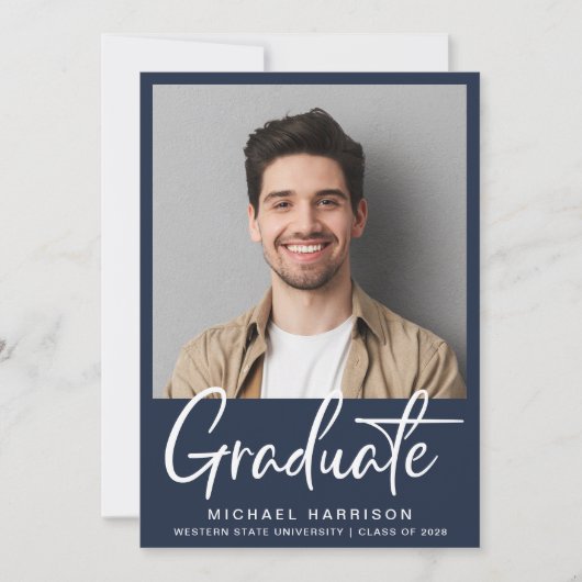 Modernes Foto Script Blue Abschluss Ankündigung (Vorderseite)