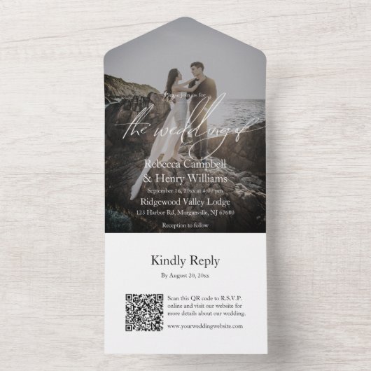 Modernes Foto Script QR Code UAWG Black Wedding All In One Einladung (Innen Boden)