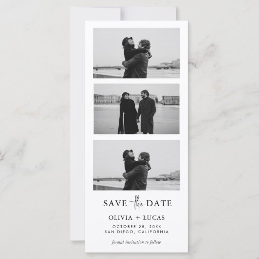 Modernes Foto Strip Wedding QR Code Save the Date (Vorderseite)