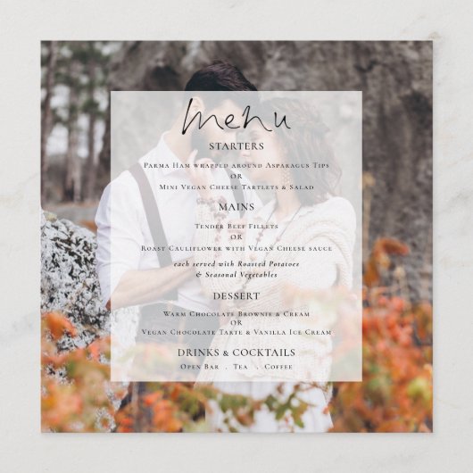Modernes Foto Tint Script Wedding Square Menü Menükarte (Vorderseite)