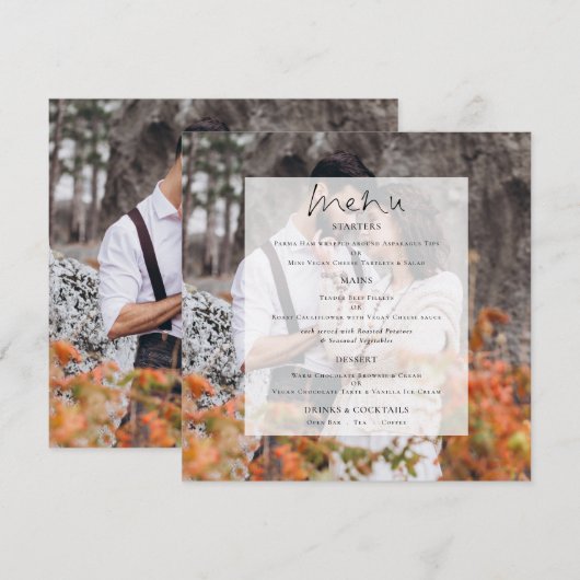 Modernes Foto Tint Script Wedding Square Menü Menükarte (Vorne/Hinten)