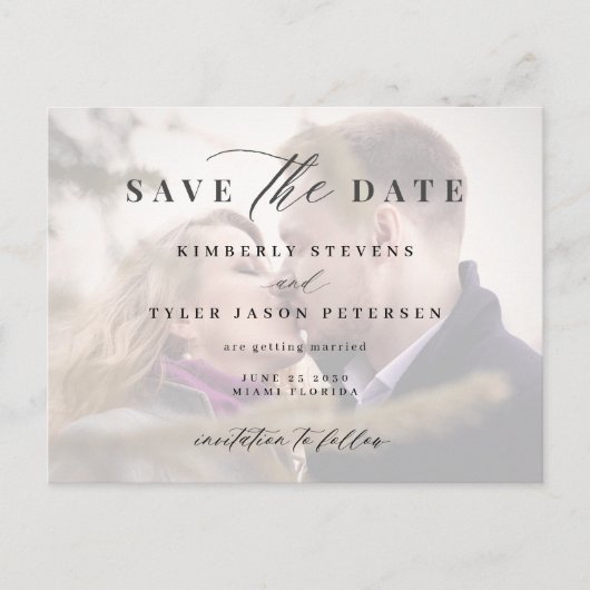 Modernes Foto überlagert elegante Hochzeit Save th Ankündigungspostkarte (Vorderseite)