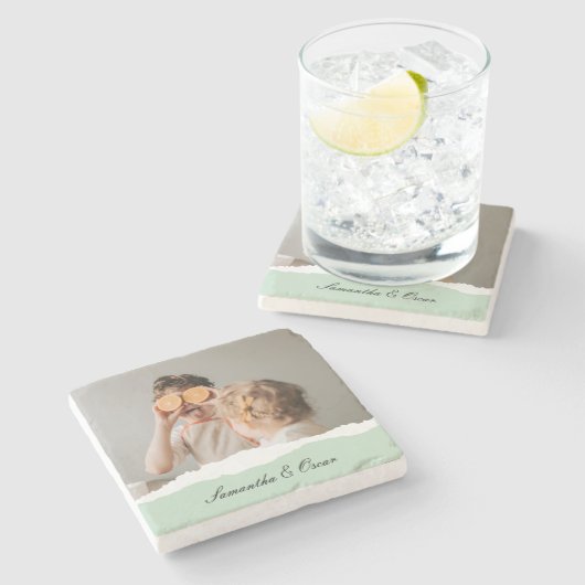 Modernes Foto und Personalisierter Name Minze Gesc Steinuntersetzer (Seitenansicht)