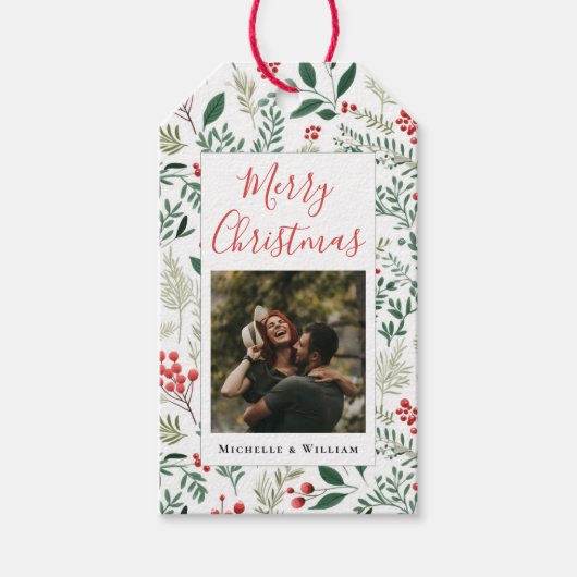 Modernes Foto Weihnachts-Script Red Berries Geschenkanhänger (Vorderseite)