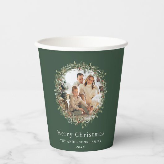 Modernes Foto Weihnachtskranz grün Pappbecher (Vorderseite)