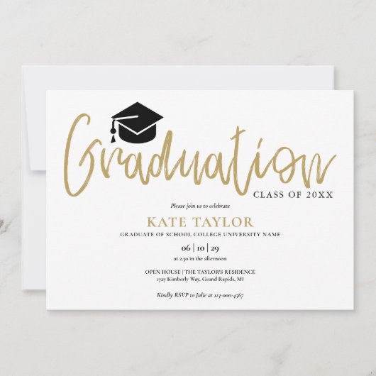 Modernes Foto zur einfachen Gold Script Graduation Einladung (Vorderseite)