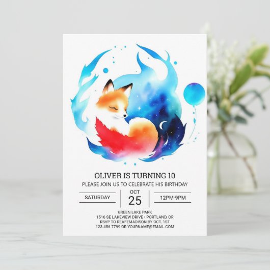 Modernes Fox Kindergeburtstag Adventure Einladung (Stehend Vorderseite)