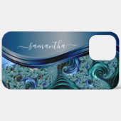 Modernes Fraktal Blauer handgeschriebener Name Case-Mate iPhone Hülle (Hinten (horizontal))