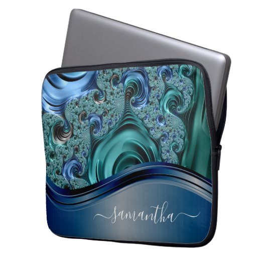 Modernes Fraktal Blauer handgeschriebener Name Laptopschutzhülle (Vorderseite Links)