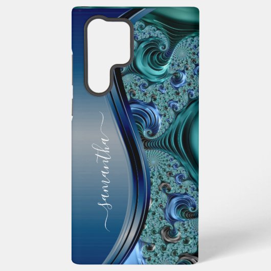 Modernes Fraktal Blauer handgeschriebener Name Samsung Galaxy Hülle (Rückseite)
