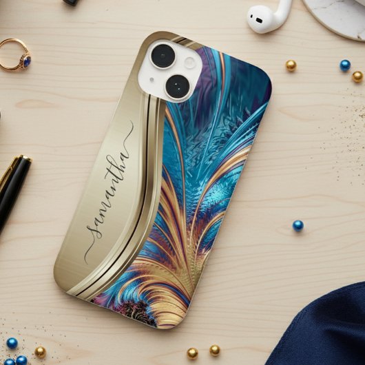 Modernes Fraktal Blue Gold Handgeschriebener Name Case-Mate iPhone Hülle