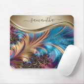 Modernes Fraktal Blue Gold Handgeschriebener Name Mousepad (Mit Mouse)