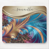 Modernes Fraktal Blue Gold Handgeschriebener Name Mousepad (Vorne)