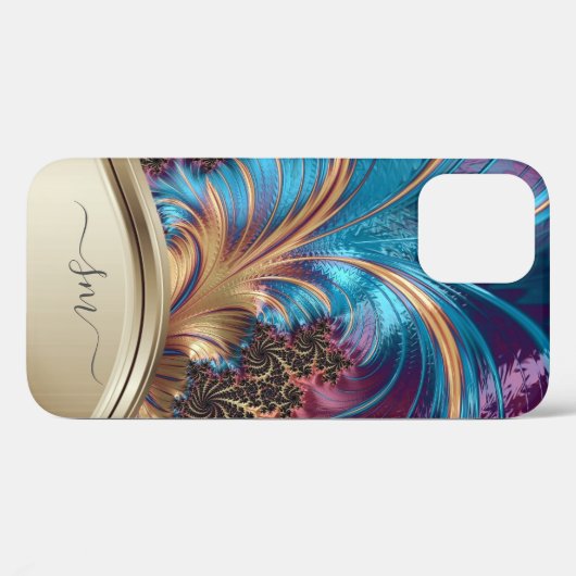 Modernes Fraktal Blue Gold handgeschriebenes Monog Case-Mate iPhone Hülle (Rückseite (Horizontal))