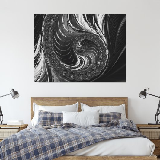 Modernes Fraktal Schwarz-weiß Metal Nautilus Swirl Leinwanddruck (Insitu (Schlafzimmer))