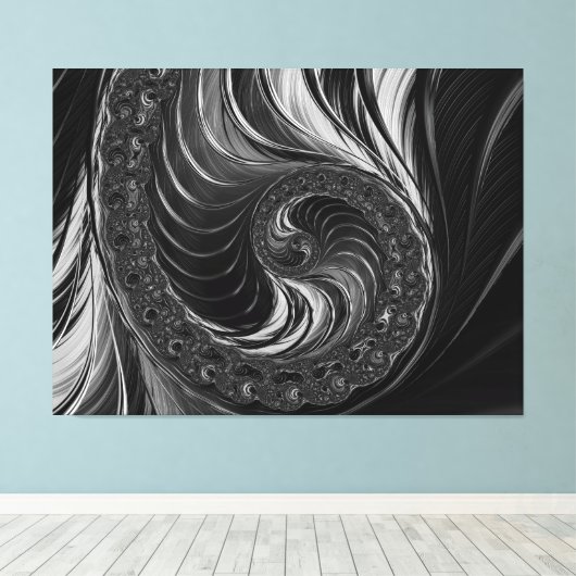 Modernes Fraktal Schwarz-weiß Metal Nautilus Swirl Leinwanddruck (Insitu (Holzboden))