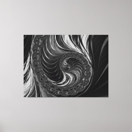 Modernes Fraktal Schwarz-weiß Metal Nautilus Swirl Leinwanddruck (Vorderseite)