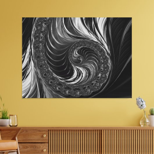 Modernes Fraktal Schwarz-weiß Metal Nautilus Swirl Leinwanddruck (Insitu (Wohnzimmer))