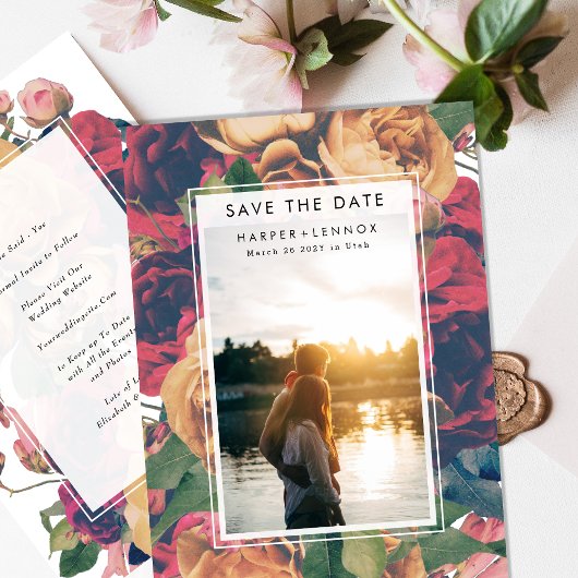 Modernes Frame Boho Antike Rose bearbeitbares Foto Save The Date