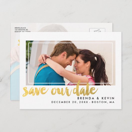 Modernes Frame Gold Foto Save the Date Postkarte (Vorne/Hinten)