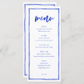 Modernes französisches Blue Wedding Long Menu Menükarte (Vorne/Hinten)