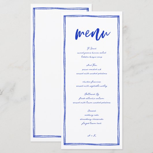 Modernes französisches Blue Wedding Long Menu Menükarte (Vorne/Hinten)