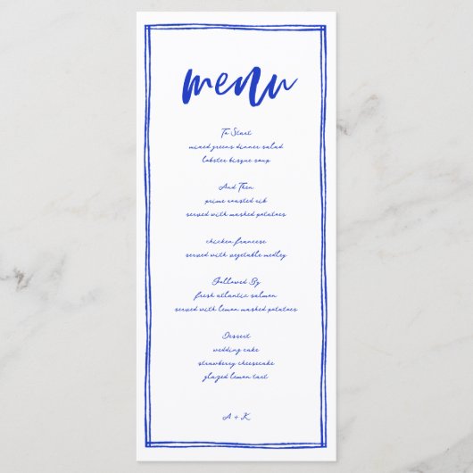 Modernes französisches Blue Wedding Long Menu Menükarte (Vorderseite)