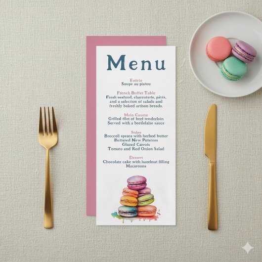 Modernes französisches Macaron Wedding Menu Menükarte