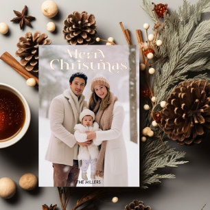 Modernes Frohe Weihnachten Minimal 1 Foto Beige Folien Feiertagspostkarte
